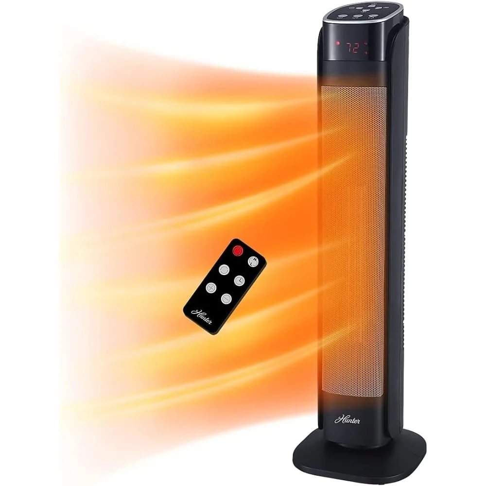 Deluxe Digital 30" Ceramic Oscillating Tower Space Heater with Remote Control, Black, Easy to read digital display