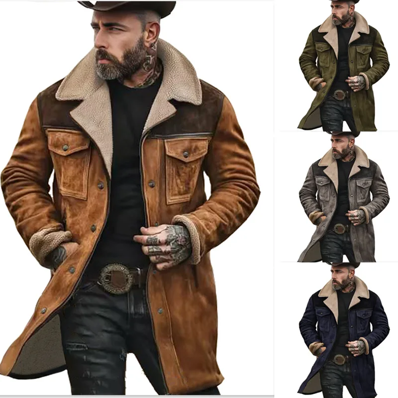 

2025 autumn and winter men's coat suede color matching jacket multi-pocket zipper coat streetwear denim jacket men