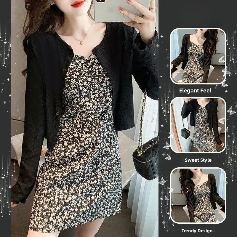 

Retro Floral Print Halter Dress Women's Gentle Fashion Slimming Two-Piece Set Spring Collection Long Sleeve round Neck Cardigan