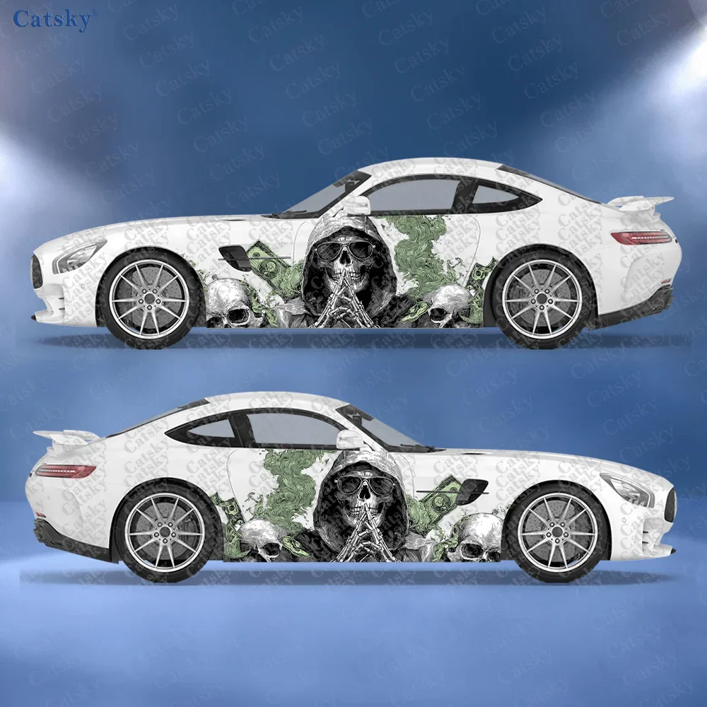 2pcs Skull sticker with hands making a ten gesture wrapped in green mist, suitable for cars and trucks, durable, fade-resistant,