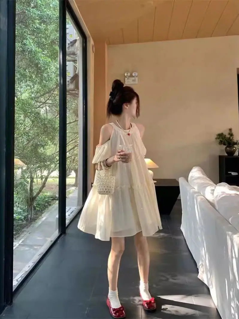 

Pure White Short Sleeve Shoulder Bared Women's Dress Elegant Initial Love Style Dress Korean Gentle Simple Sweet Cake Skirt