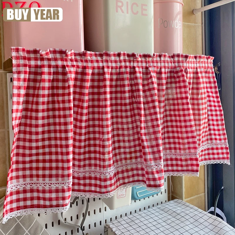 

South Korea Red/Blue Plaid Short Curtains For Kitchen Japanese Bottom Lace Half Curtain Coffee Valnace #A090