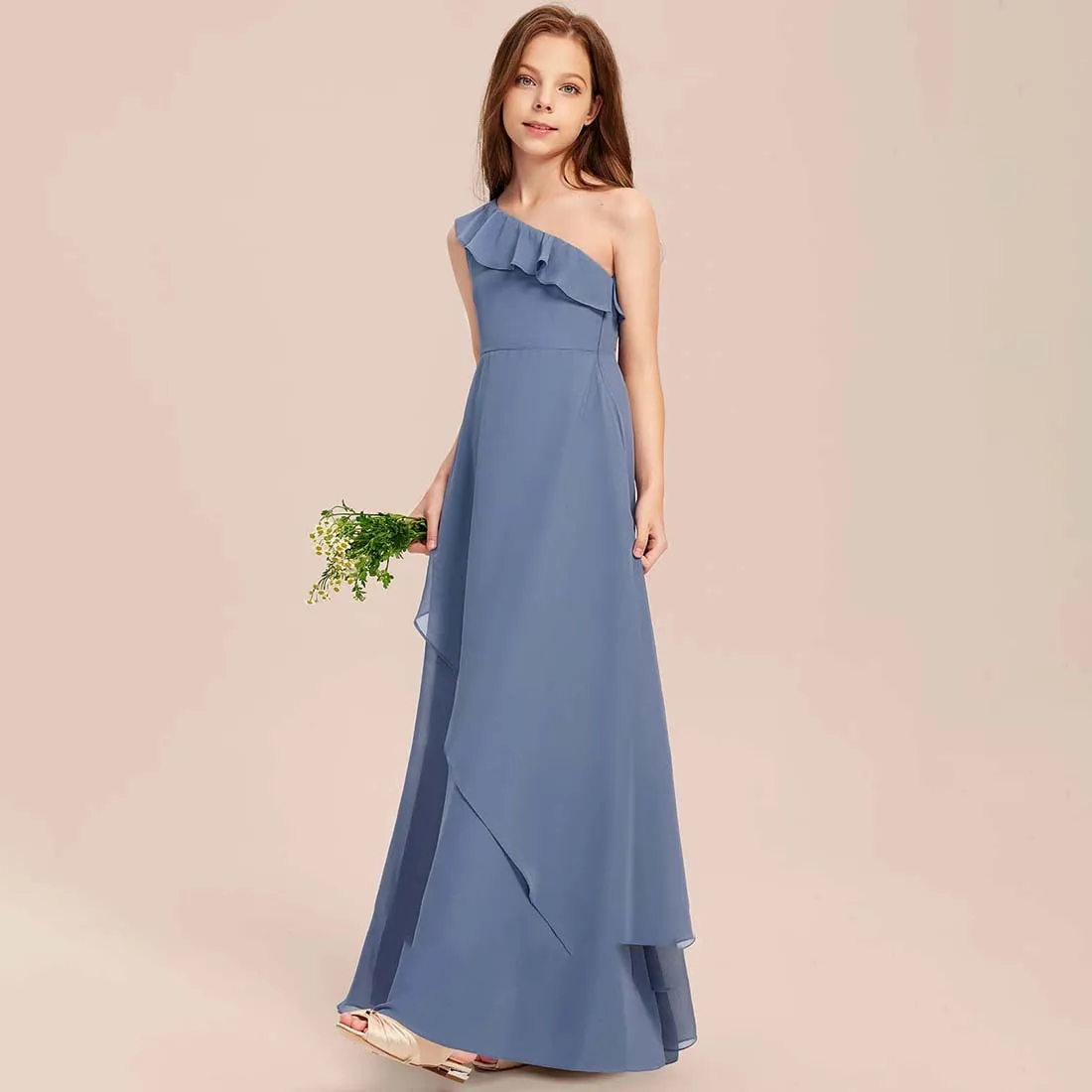 YZYmanualroom Chiffon Junior Bridesmaid Dress A-line One Shoulder Floor-Length 2-15T