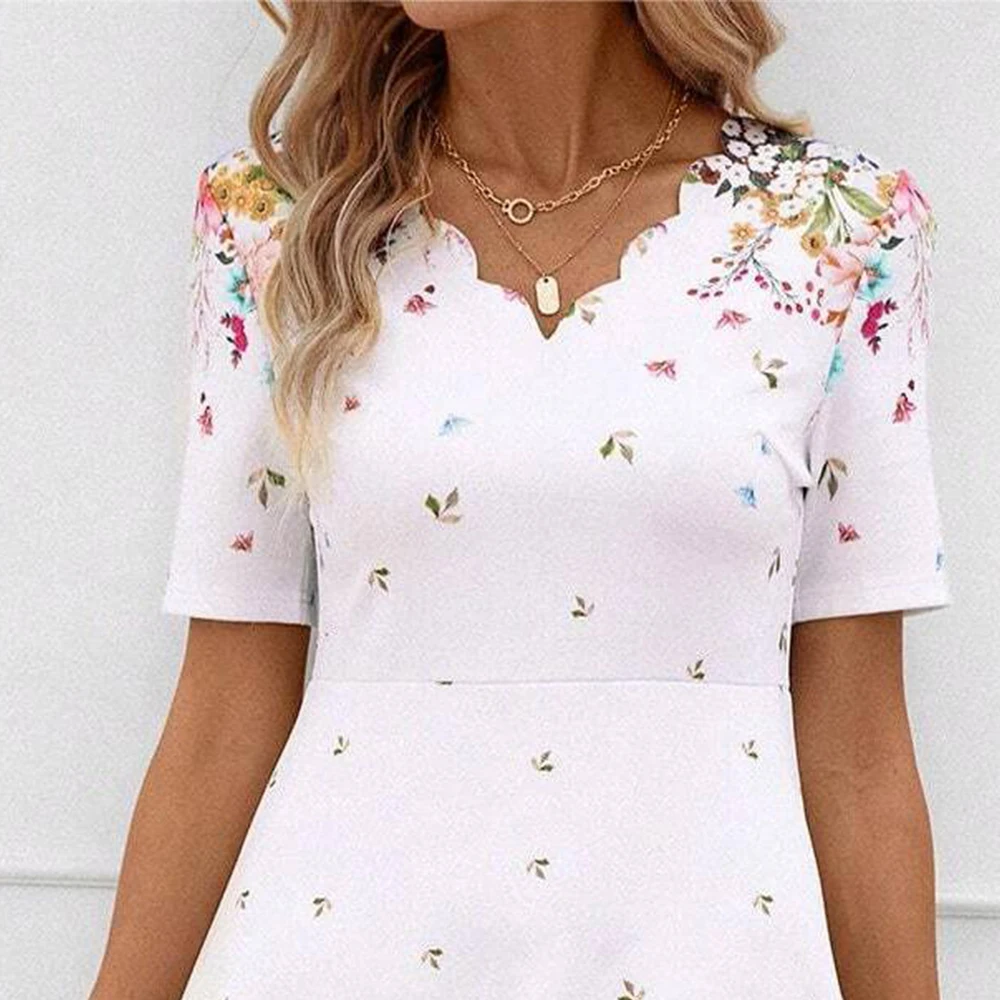 Boho donna manica corta scollo a v a-line abiti stampati floreali Ladies Beach Holiday prendisole arruffato