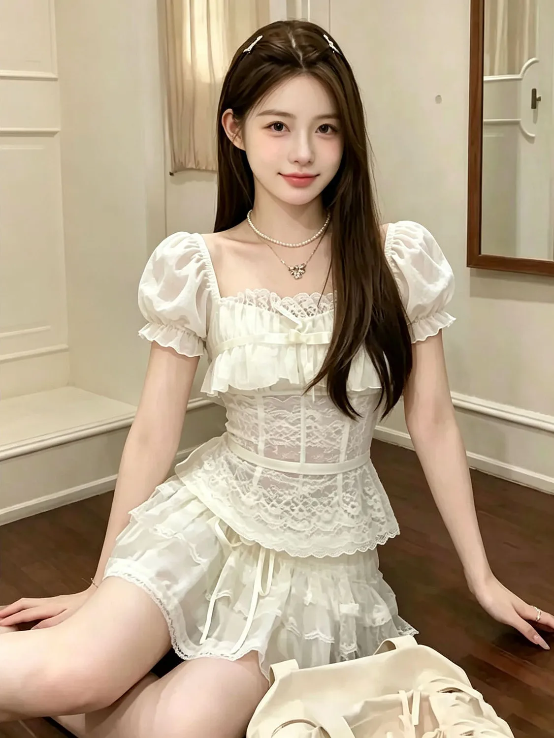 Sweet Style Square Collar Lace Bubble Sleeve Suit Women Early Autumn Slimming Waist Cake Skirt Small Fragrance Style Set