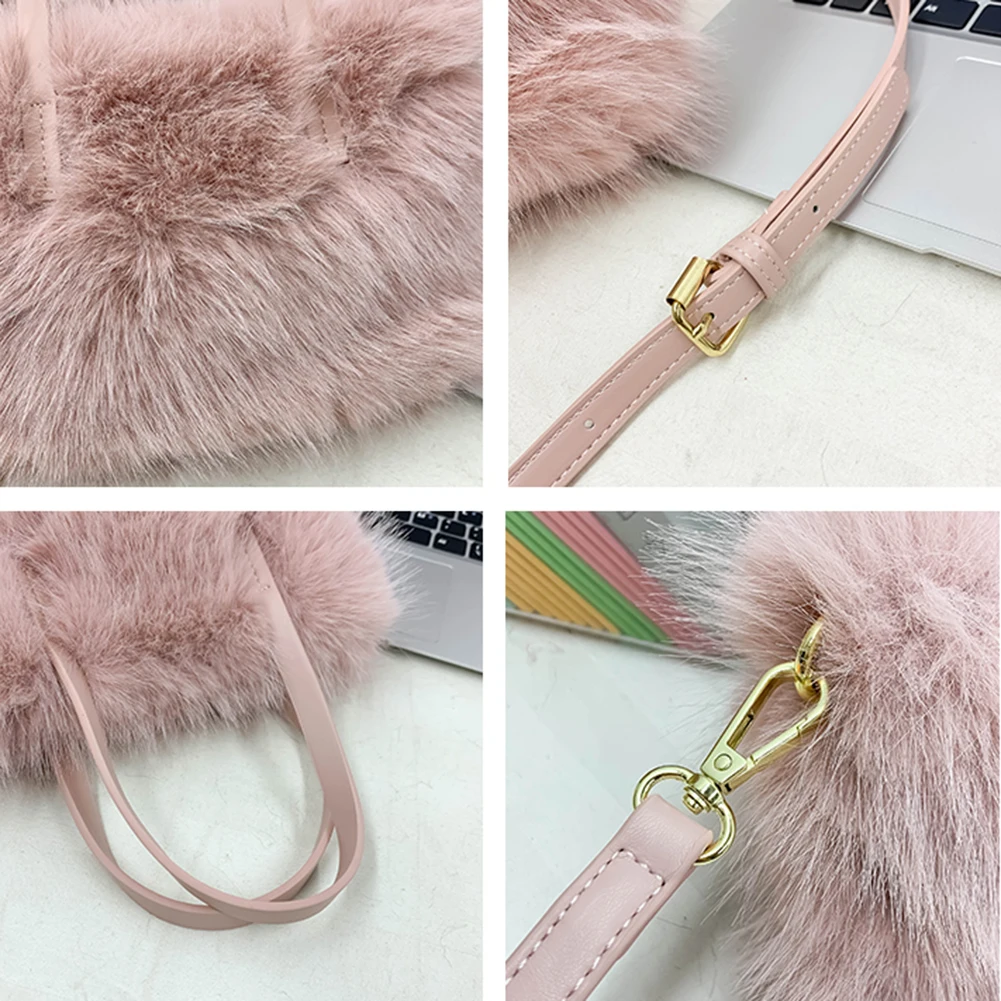 حقيبة كروس نسائية منفوشة من الفرو الصناعي حقيبة كتف بحزام قابل للتعديل حقيبة حمل صغيرة بلون سادة محفظة لحفلات السفر #4