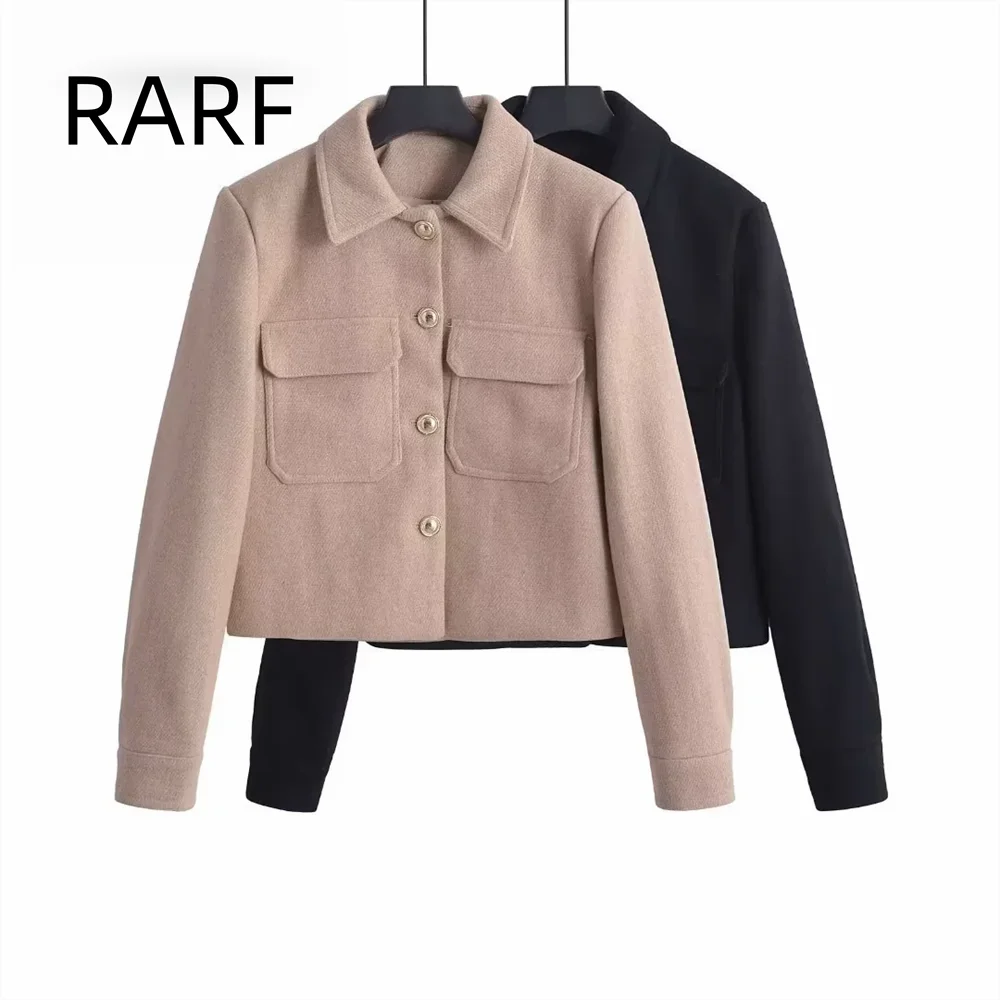 Double pocket decorative style padded shoulder jacket, single row small gold button small lapel wool blend casual short jacket