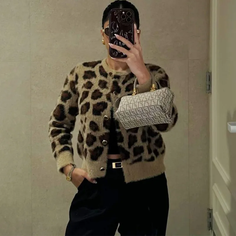 Talenza Leopard Print Knitted Cardigan Women's O Neck Single Breasted Printed Sweater Warm Streetwear Office Lady Knitted Jacket