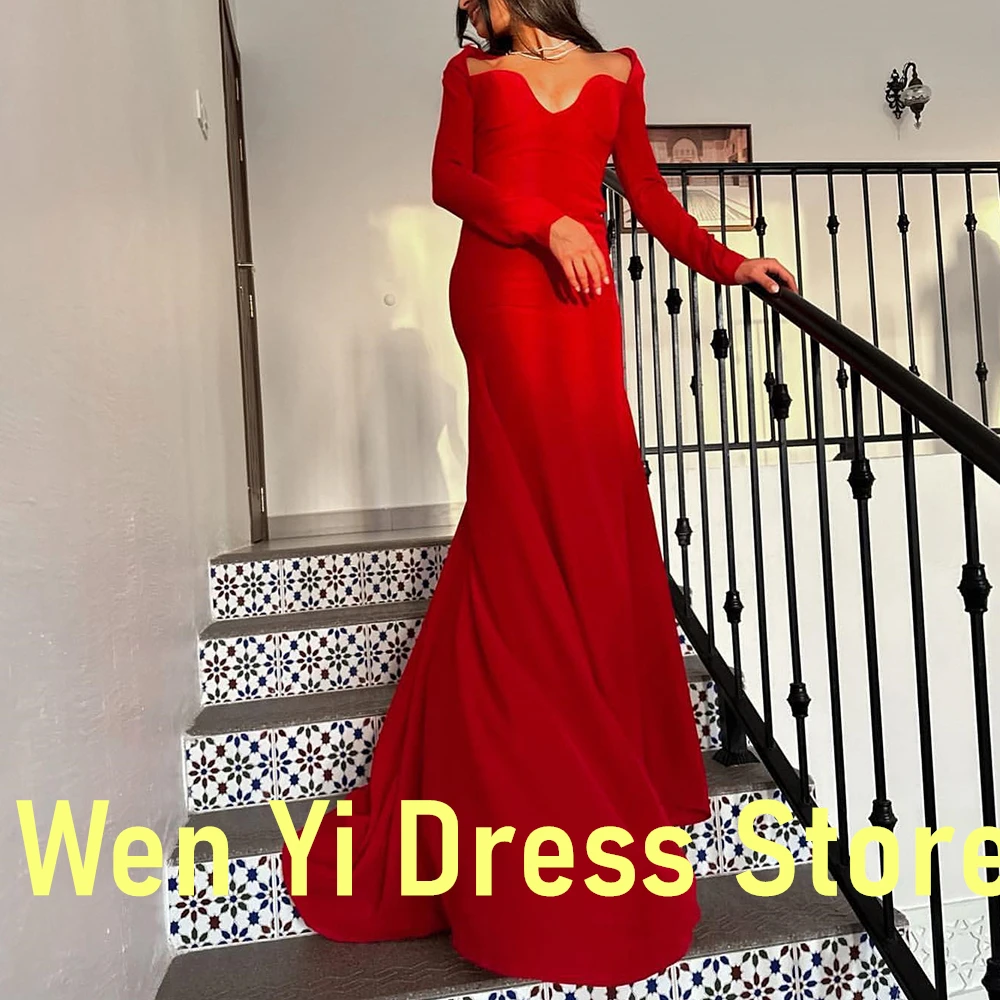 Elegant V-Neck Red Long Sleeves Straight Jersey Evening Dresses 2024 Saudi Arabic Floor-Length Simple Prom Dress robe de soiréé