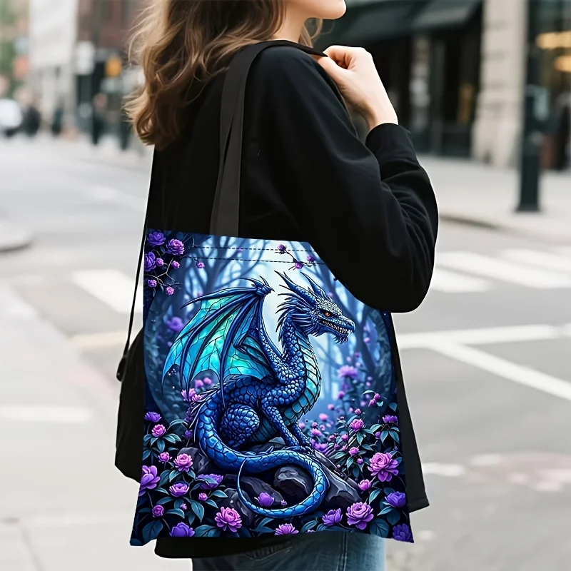 2D Flat Capacity Lightweight Durable Tote Bag Whimsical Blue Dragon Purple Rose Forest Print Shoulder Bag,for Shopping 35x40cm
