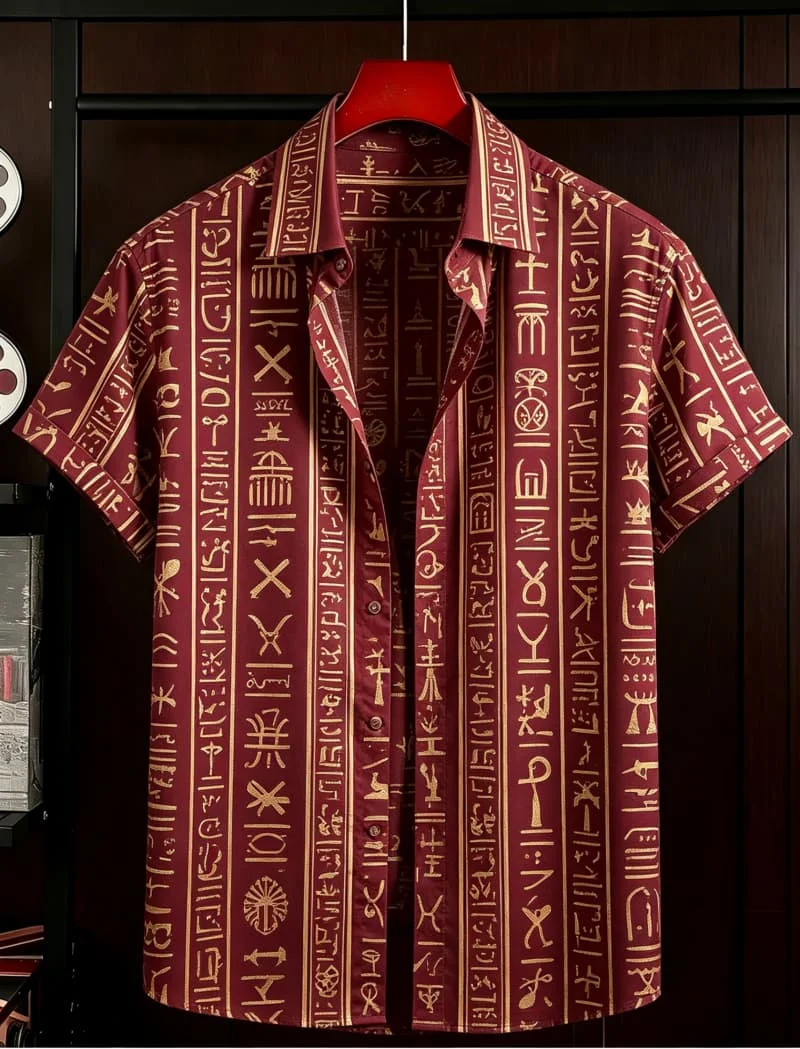 Men's Casual Shirt With Ancient Civilization Symbol Print design, Suitable For Ethnic Retro style, For Daily Use And Vacation