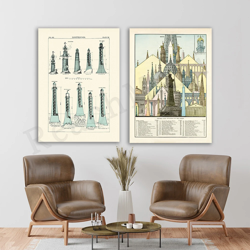 Vintage lighthouse nautical theme, building infographic Statue of Liberty Eiffel Tower travel poster, infographics architect gif