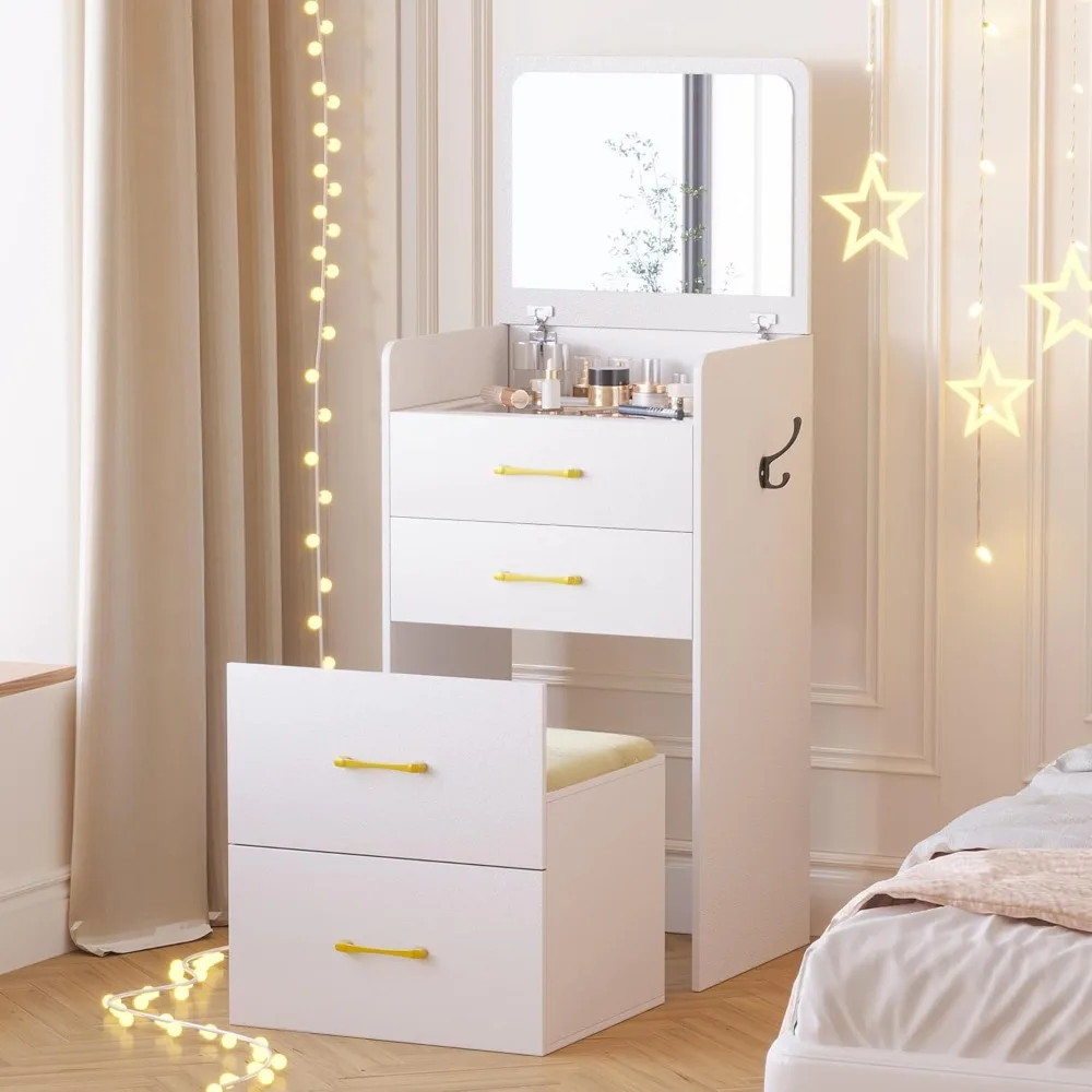 

Three in one vanity with flip mirror, suitable for bedrooms, small compact vanity with visible glass tabletop