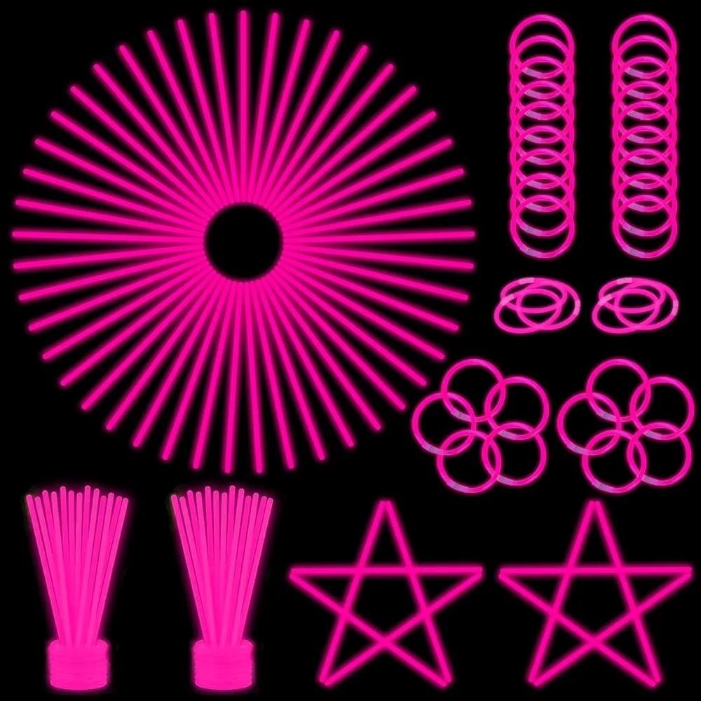 

100 pk 8'' Pink Glow Sticks Glow Necklaces In The Dark Party Favors Supplies Bright GlowSticks Bulk for Birthday