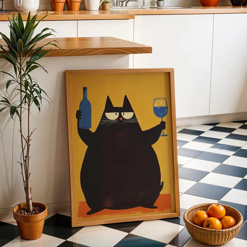Chic Cat Poster Retro Bar Cart Decor Mid Century Modern Art Print Wine Print Kitchen Decor Trendy Wall Art Cheers Print