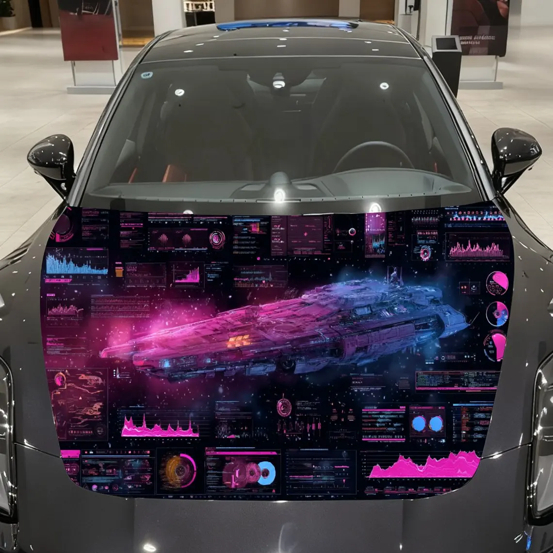 

Pink-Purple Cyber Starship Dashboard Car Vinyl Wrap, PVC Material Waterproof Car Hood Sticker, Self-Adhesive Scratch-Resistant S