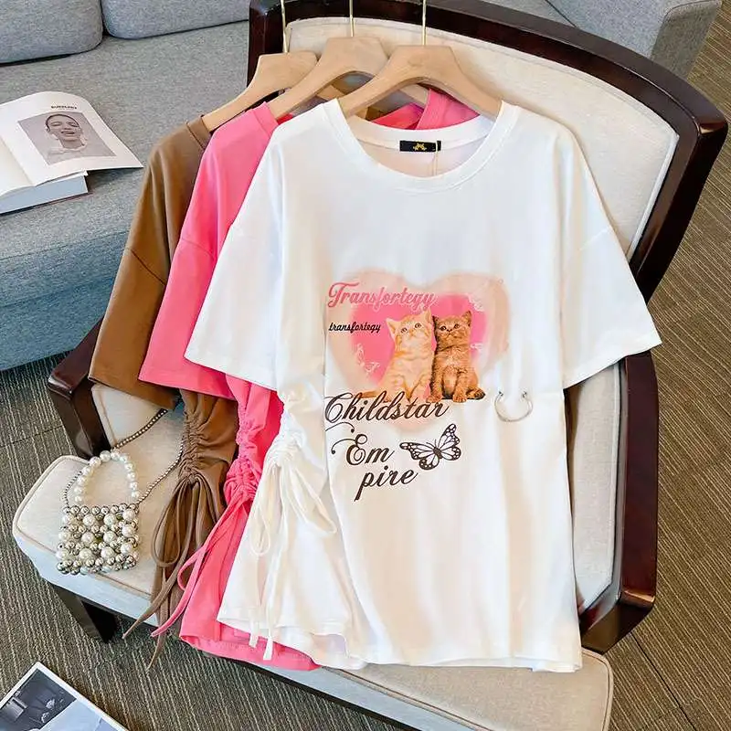 

plus Size Women's ort Sve T-irt 20-350kg Fat Sister Large Size round Ne Print Cotton 00% Mid-Length Spring