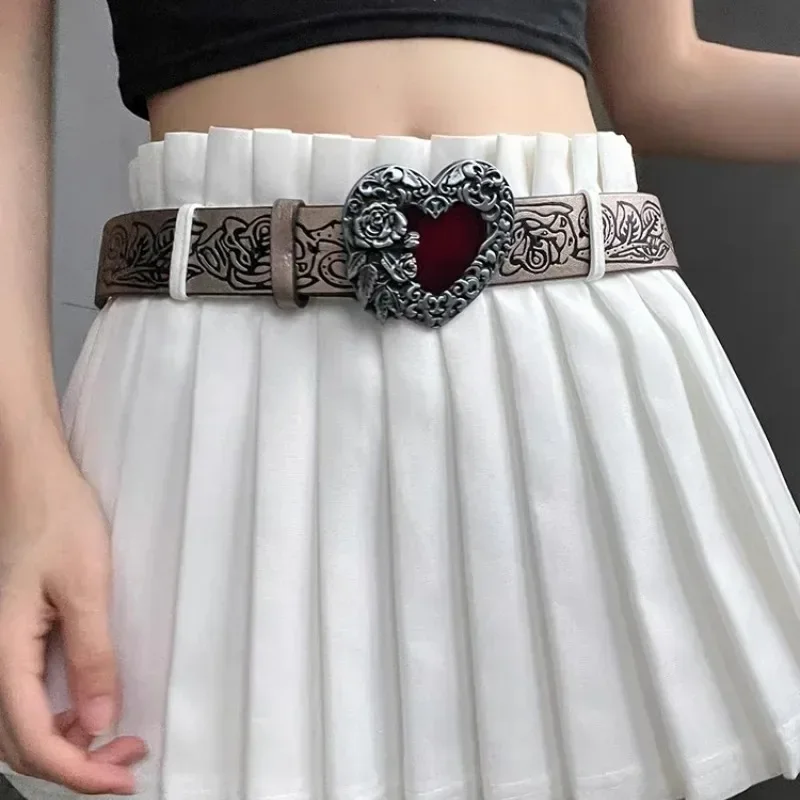 Retro Punk Style Embossed Love Belts Women Y2k Spicy Girl Versatile Personalized Gothic Metal Rose Belt Skirt Jeans Decoration