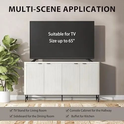 Aparador grande estriado con estantes ajustables, credenza blanca de 65' para salón o pasillo