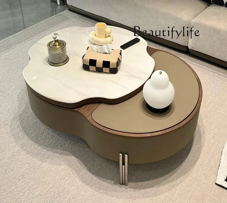 

Cream Style Microlite Saddle Leather Lifting Rotating Coffee Table Small Apartment Home Creative Designer