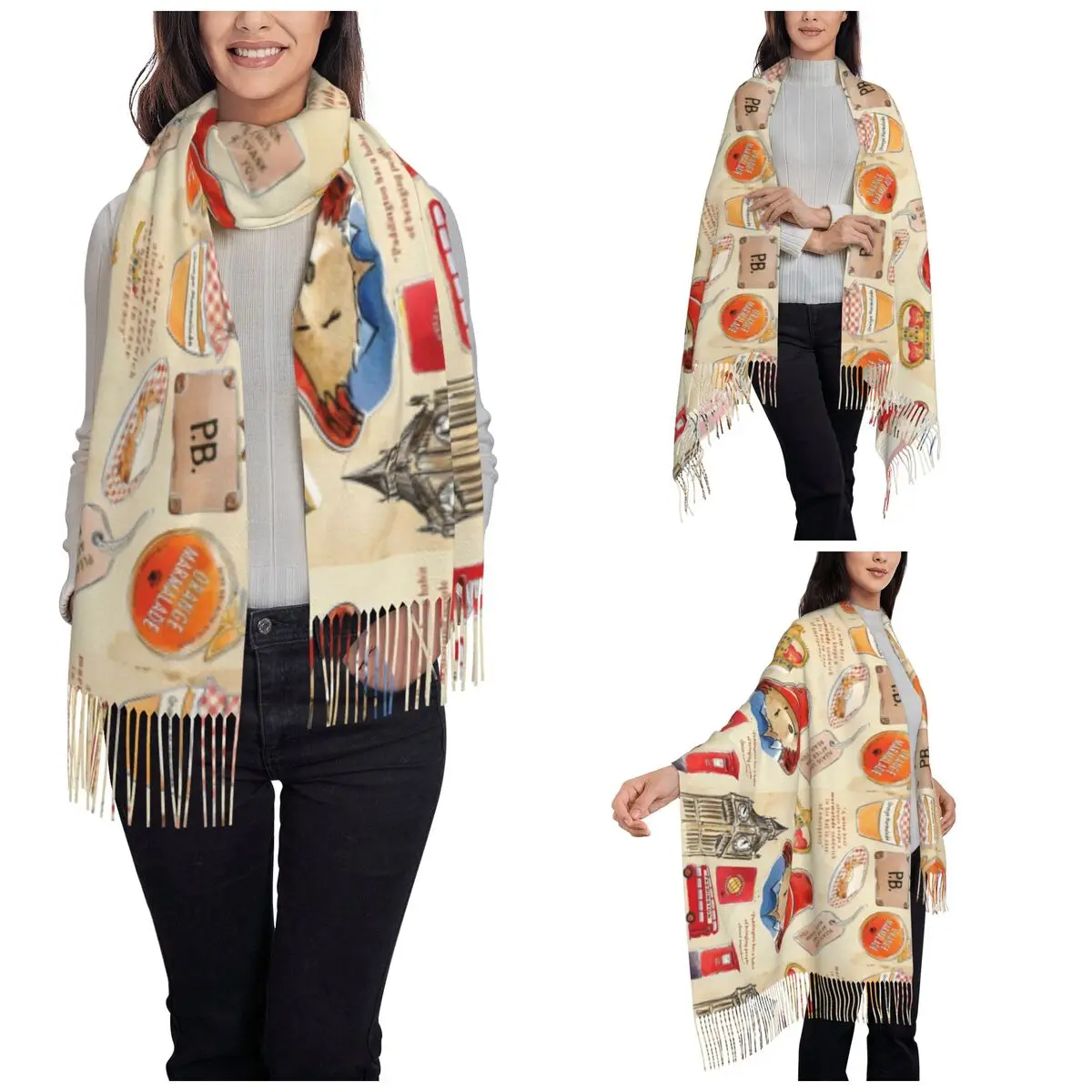 Britain Paddington Brown Bear Scarf Women Winter Warm Pashmina Shawls and Wrap Cute Movie Cartoon Long Large Shawl Scarf Ladies