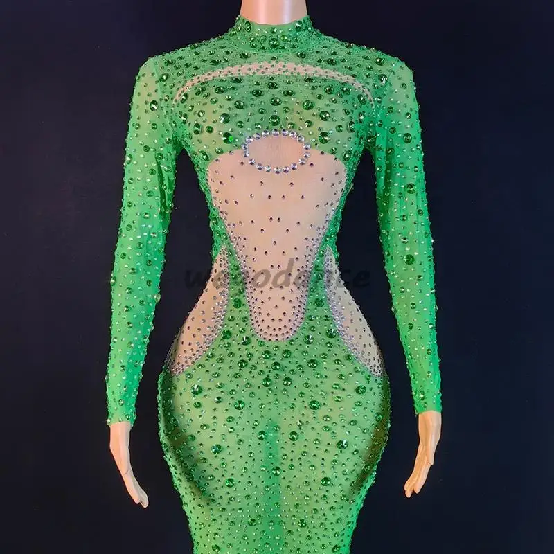 Groene Mesh Kralen Lange Mouw Doorzichtige Jurk Elegent Moderne Feest Prom Avondjurk