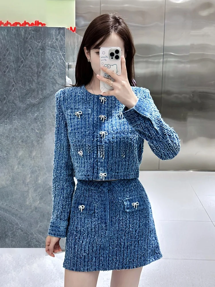 Zestaw: spódnica z wysokim stanem, ozdobiona diamentami, w stylu retro, modny, nowy model na jesień, damski garnitur.