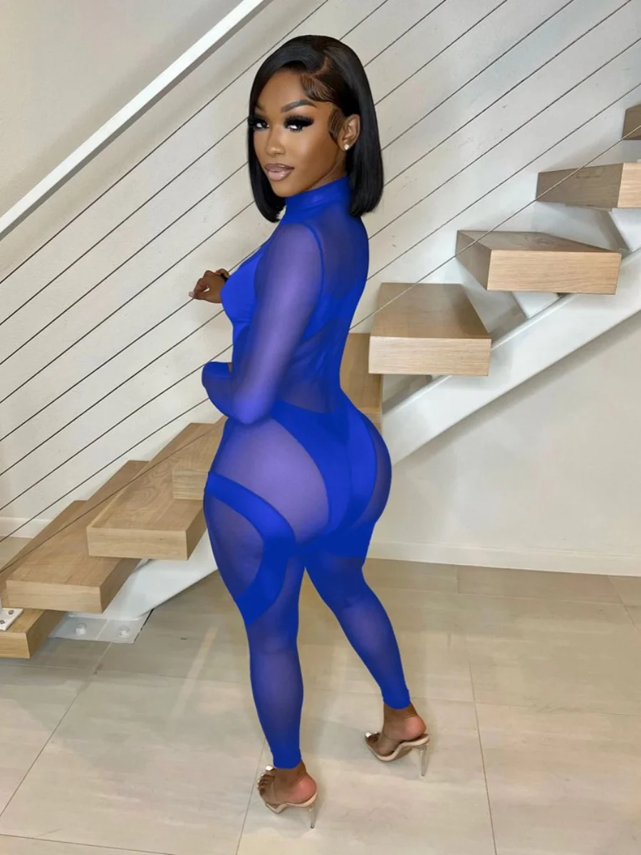 Sexy Me Spliced Perspective Jumpsuit Transparent Street Sle Casual Long Straight Leg Pants Women's Autumn Faion