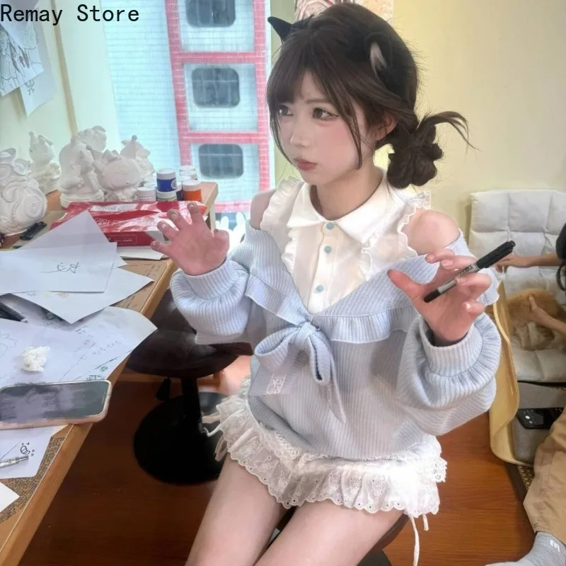 Korean Fashion Style Sexy Sweet 2 Piece Set Women Chic Bow Sweater Tops + Lace Mini Skirt Japanese Lolita Y2k Autumn Outfits New image 6