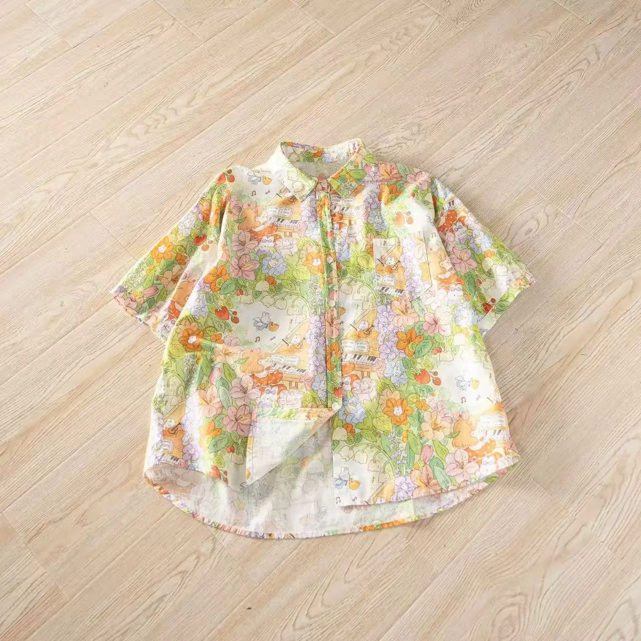 2026 Harajuku fashion green cartoon floral print oversized shirts short sleeve blouses for women 100% cotton summer tops 2