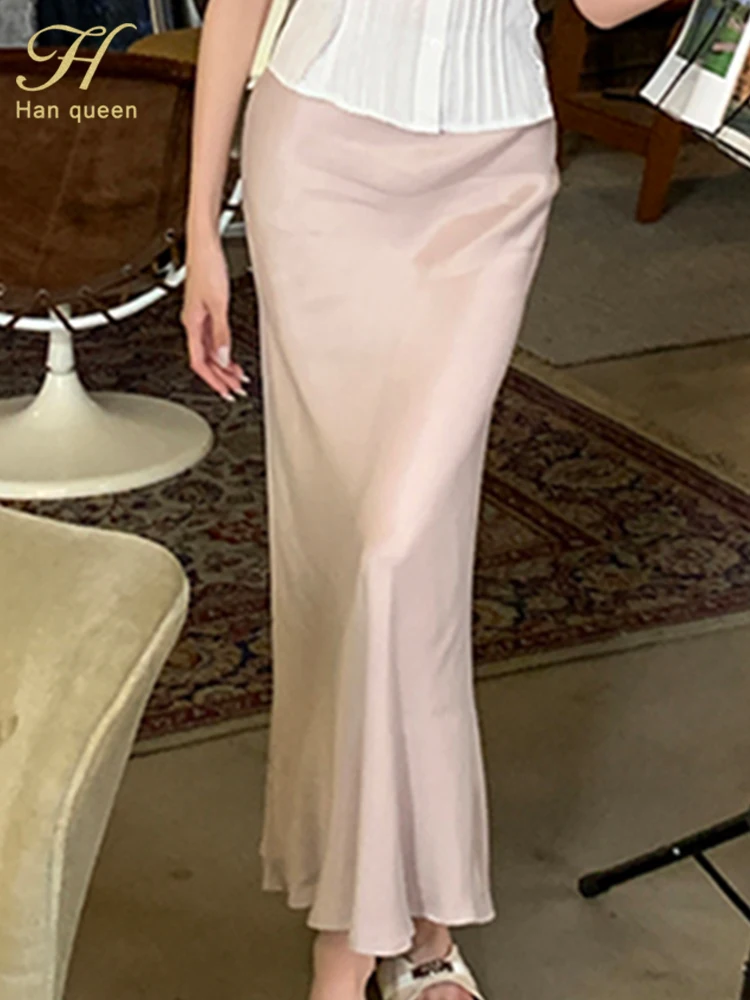 H Han Queen Satin Bodycon Long Skirt Women Sexy Elegant High Waist Summer Fashion Simple Work Sheath Pencil Maxi Skirts