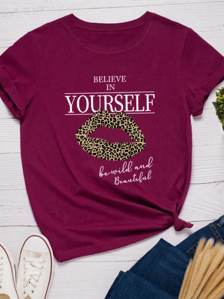 Believe Yourself Leopard Lip Print Women T Shirt Short Sleeve O Neck Loose Women Tshirt Ladies Fashion Tee Shirt Tops Clothes