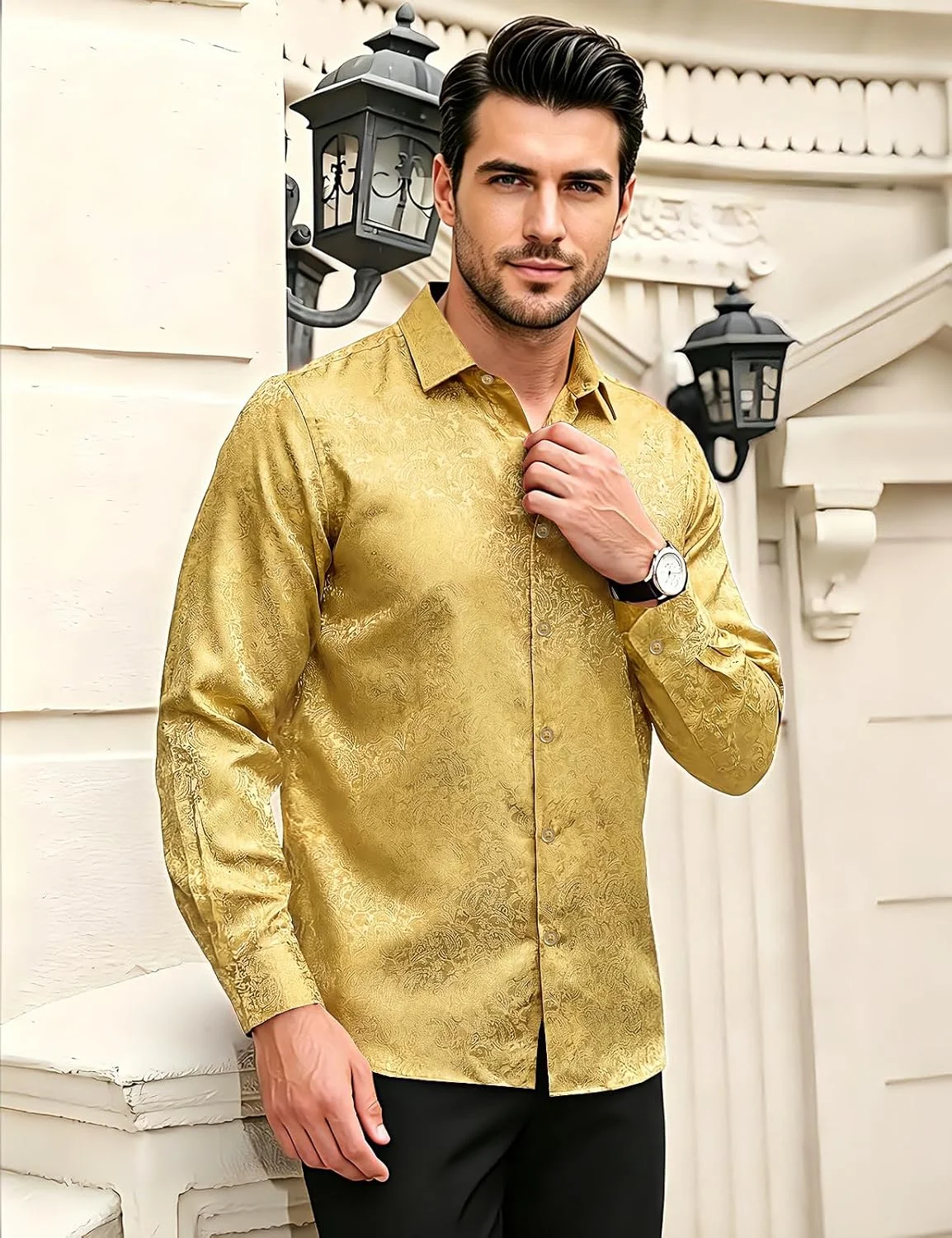 2026 Mens Arrival Thin Silk-like Polyester Long Sleeve Shirt with Gold Dark Pattern 3D Printed Shirt Party Focus Performance Top