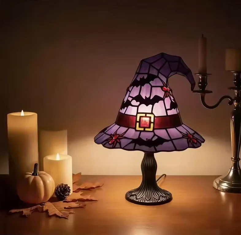 Bat Lamp Witch Hat Table Lamp Modern Stained Glass Usb Luxury Resin Warm Creative Night Light Hotel Lamps Bedroom Decoration