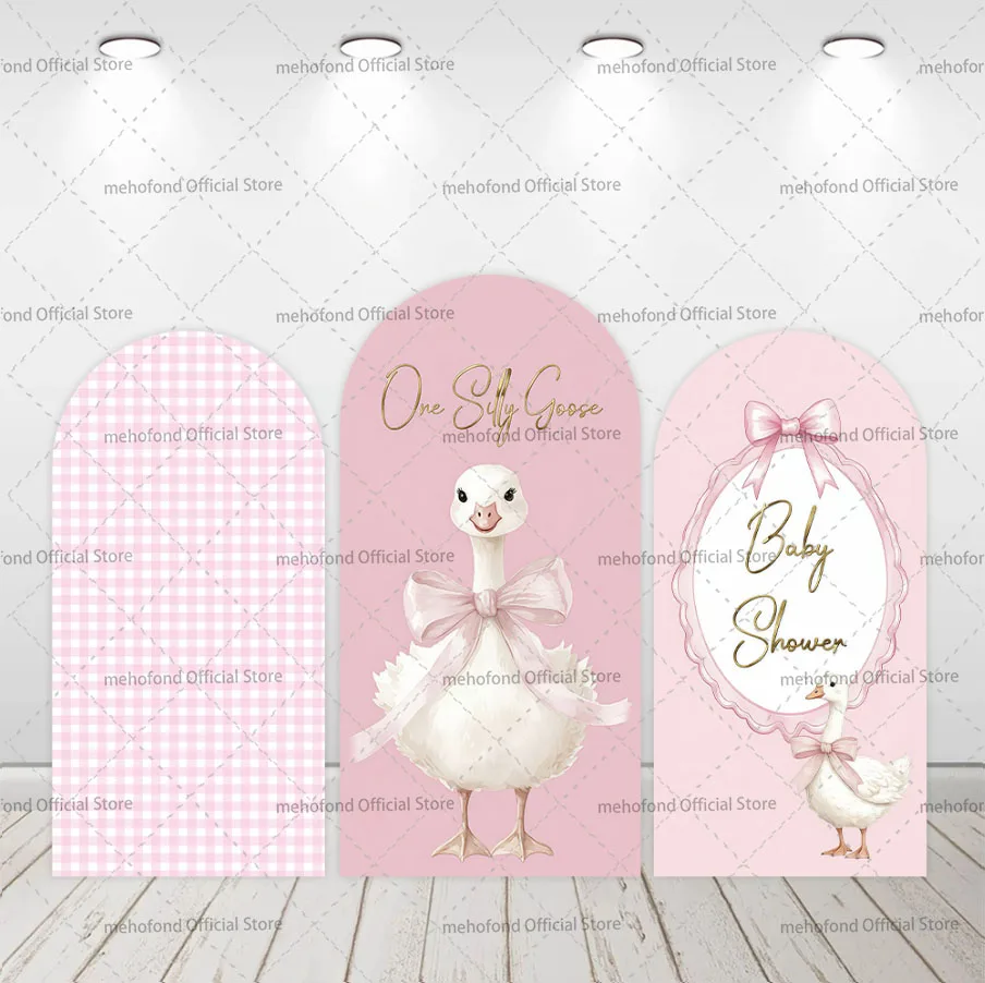Mehofond Custom 2-Sided One Silly Goose Blue Plaid Kids Birthday Party Baby Shower Cover Chiara Arch Background Decor Backdrop