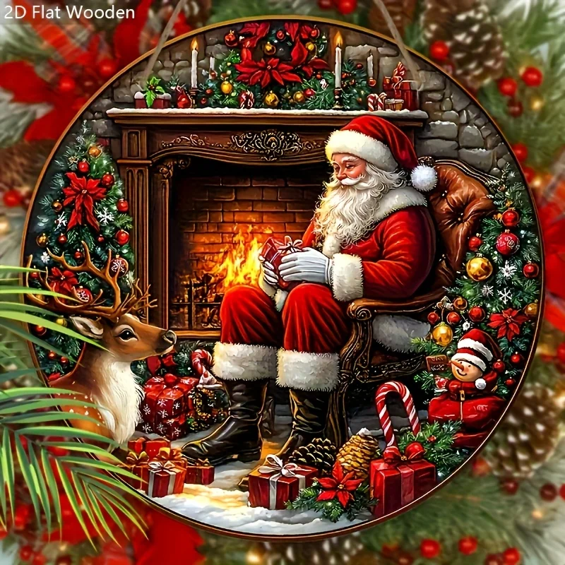2D Flat - A 2D Flat Wooden Christmas Sign Featuring Santa Claus And a Bonfire Fireplace, Measuring 7.87 Inches. This Round Sign