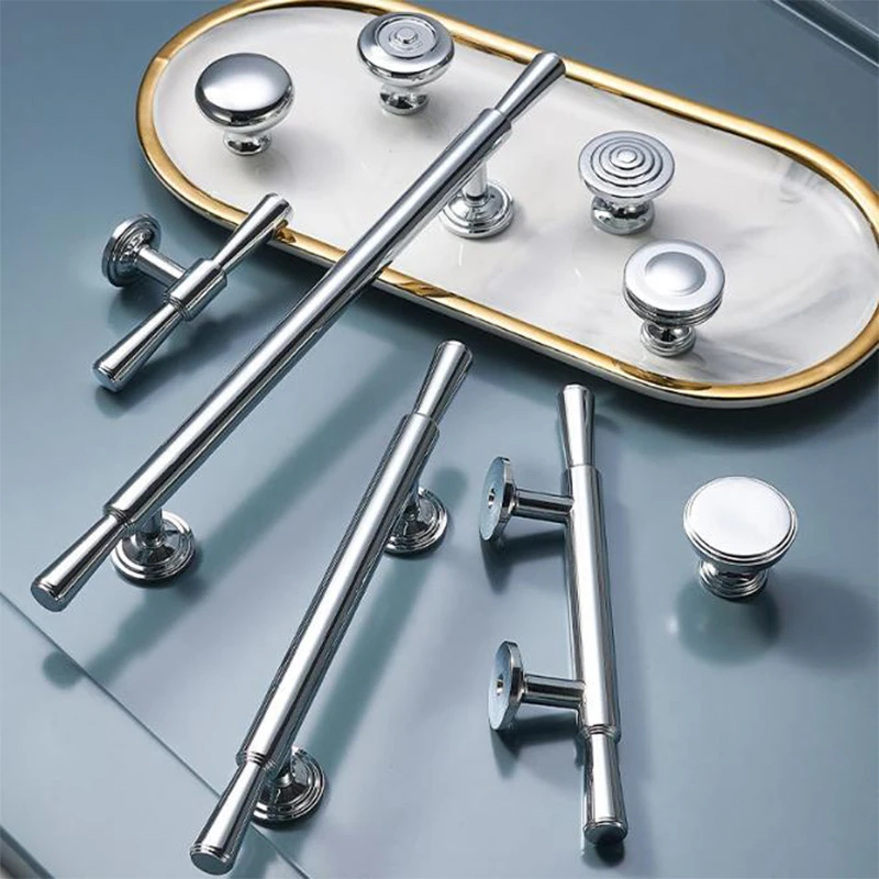

Furniture Pure Copper Chrome Plated Wardrobe Door Handle Simple Solid Brass Cabinet Door Handle Cabinet Glossy Silver Handle