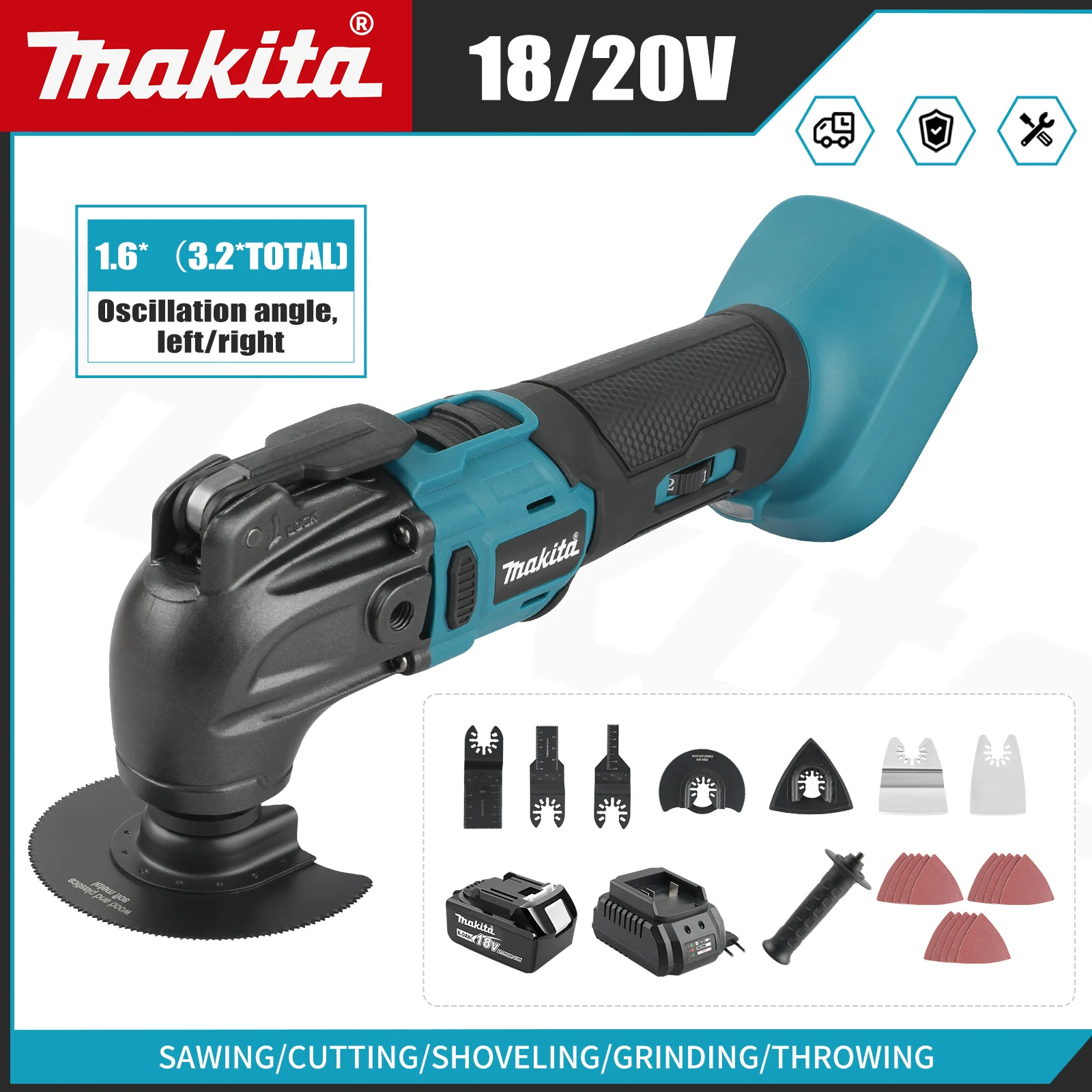 

Makita Universal Treasure Многофункциональный инструмент для резки, полировки, лопатки, чистки, вибрации для теста 18 В (без теста)