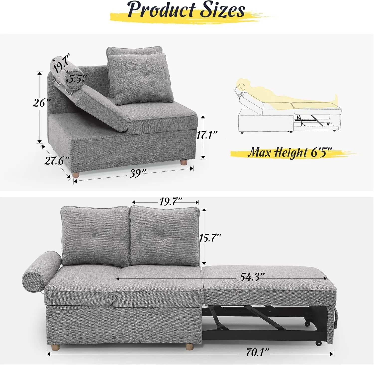 Sofa Bed 4-in-1 Convertible Couch, Linen Fabric Love seat Couch with 2 Throw Pillow, Single Recliner for Small Space with 5