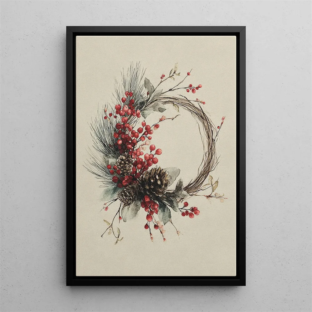 مجموعة فنية جدارية لديكور عيد الميلاد والشتاء بألوان مائية مكونة من 3 ملصقات أو طباعة قماشية، إكليل شجرة عيد الميلاد وفن جداري الهدال