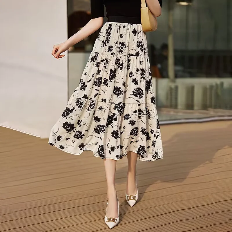 

White Floral Elegant Midi Skirt A-line High Waist Casual Holiday Beach Skirt Summer Women