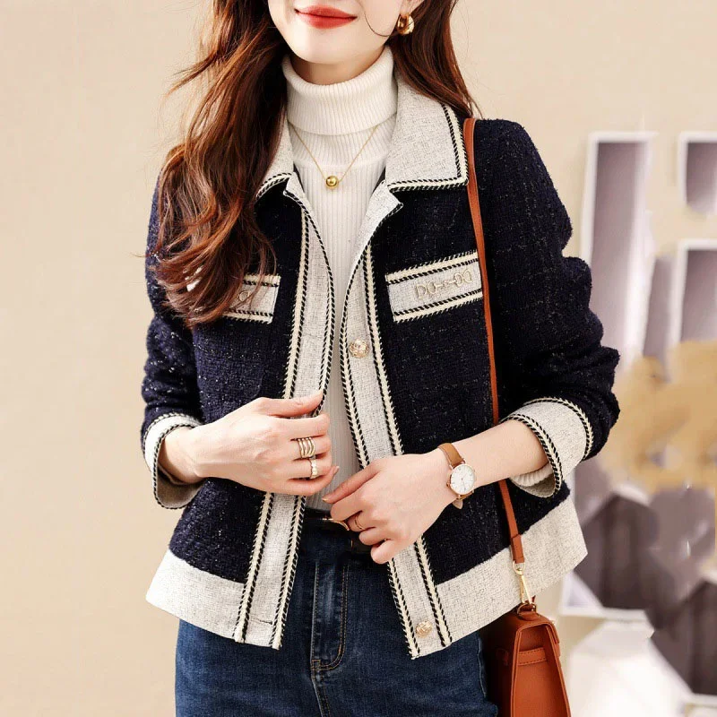 

New 2025 Autumn Jackets Women High Quality Temperament Splicing Elegant Short Ladies Woolen Coat Outwear Tops FemaleLIBIELIY