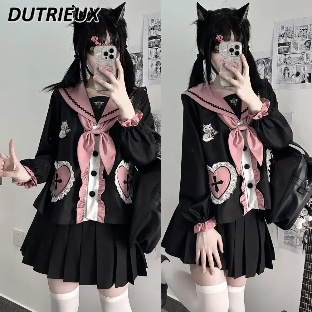 Japanese Original Sweet Pink Black Sailor Suit Cute Black JK Uniform Coat and Pleated Short Skirt Suit for Autumn Winter