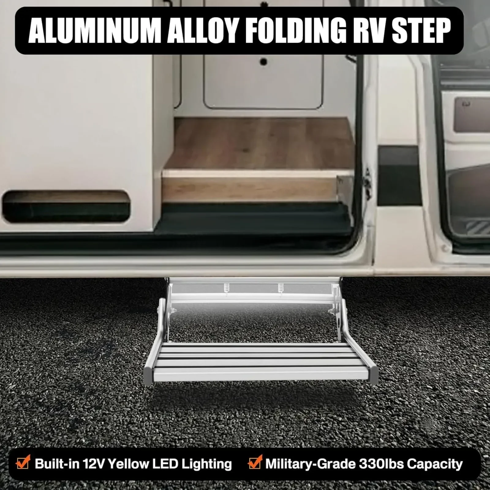 Manual RV Step Assembly Manual Aluminum Alloy Folding Single Step W|LED Light Bar 330Lbs Capacity RV Steps for Campers, Caravans