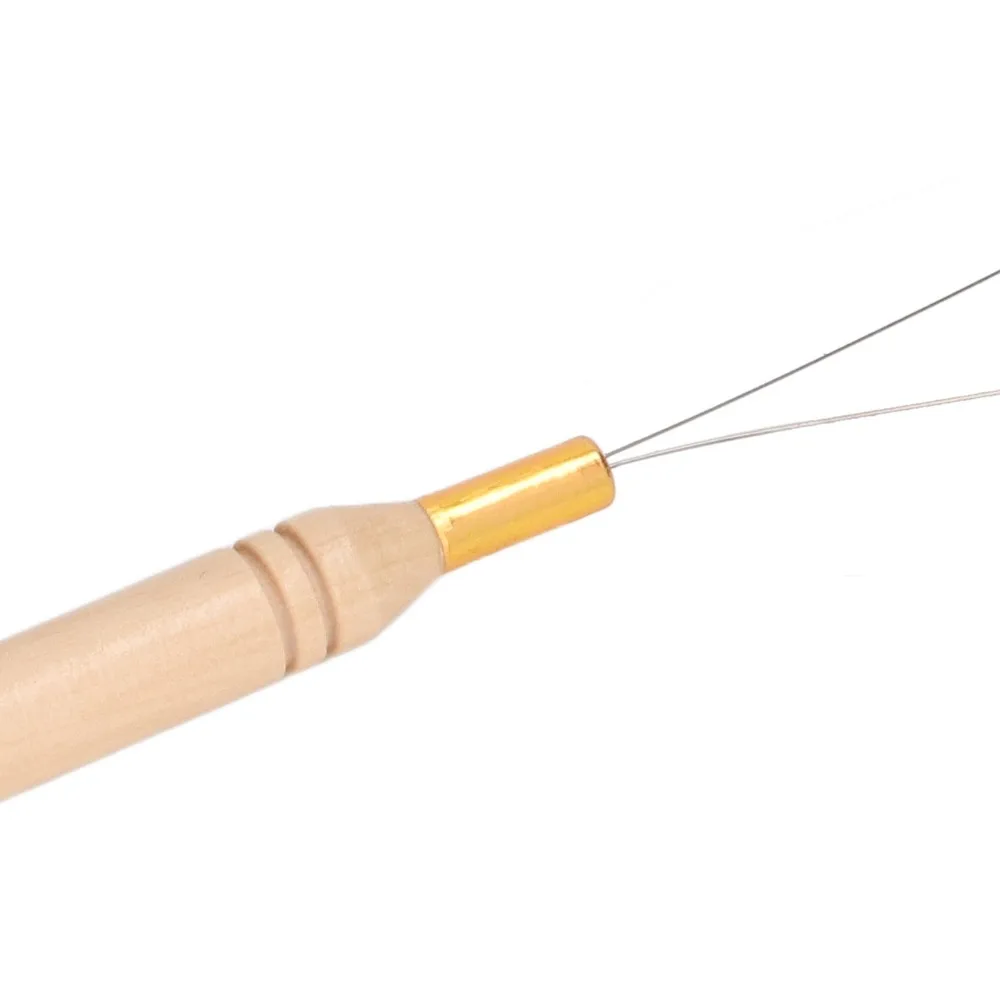 10Pcs Anti-Slip Handle Hair Extension Loop Needle Beech Wood Handle Wire Loop Design Pulling Hook Tool Micro Ring Threader