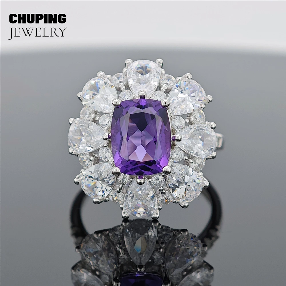

ChuPing Lab Amethyst Cushion Cut S925 Silver Ring for Women Elegant Purple Gemstone Gift for Dainty Silver Ring Adjustable Size
