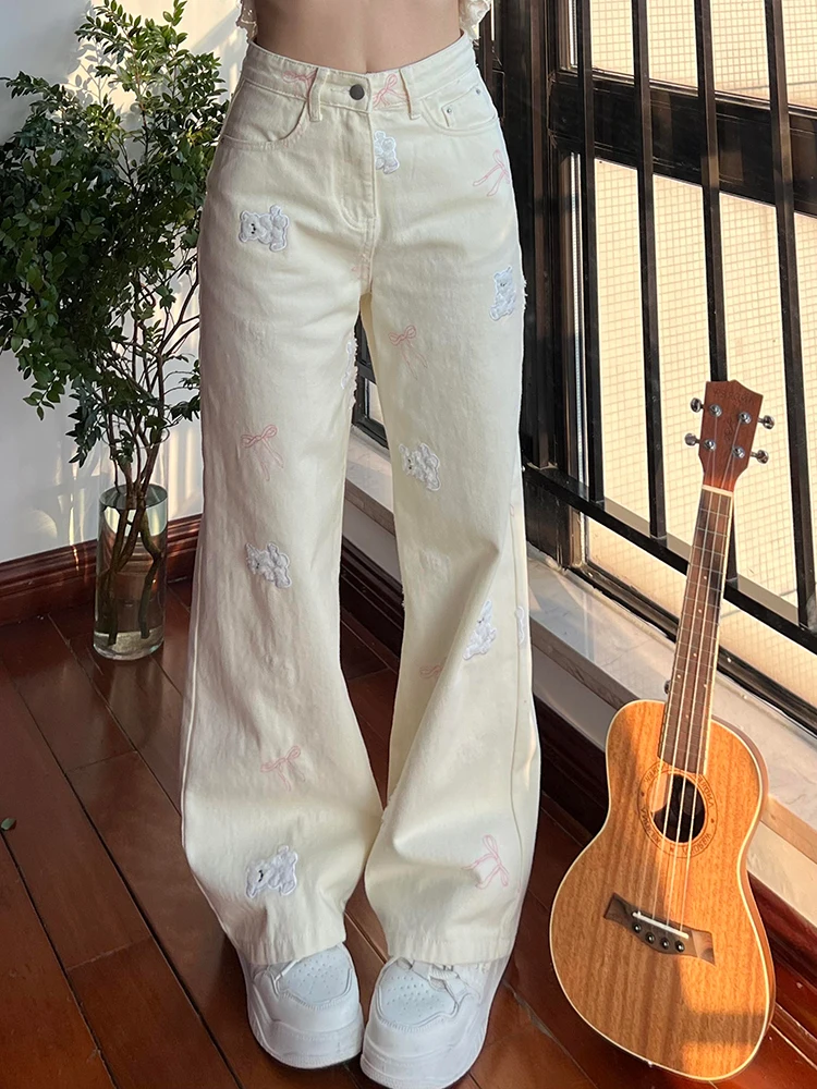 

plus Size Women's Embroidered Bear Denim Pants Straight Leg Wide Leg Jeans for Pear aped Slimming High Waist Long Pants