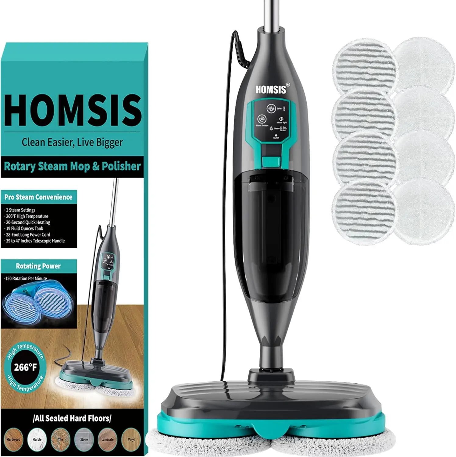 Steamer Scrubber: Hardwood Tile Laminate and Vinyl Hard Surface Floor Cleaning Scrub Steam Mop - Electric Power Spin Steam Floor