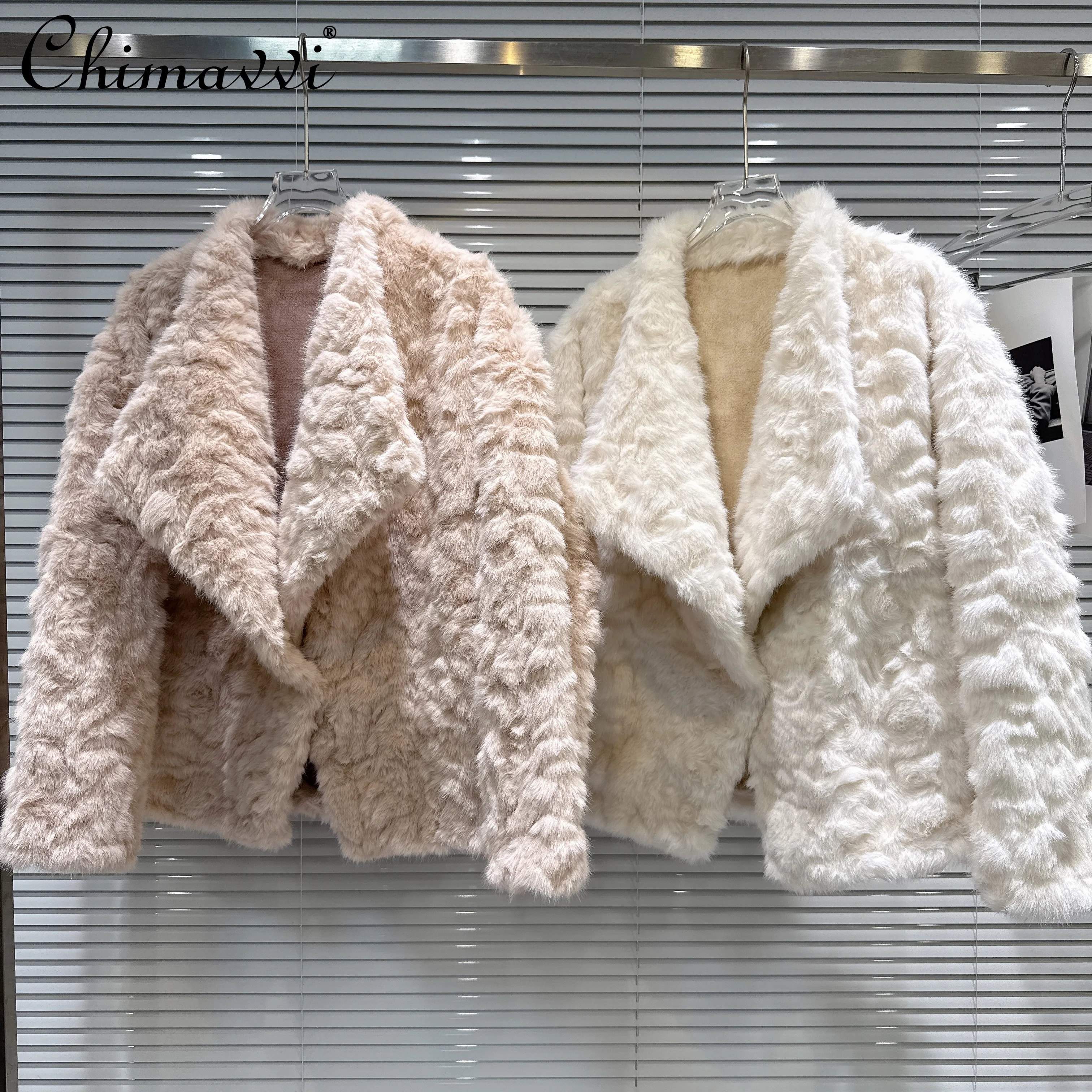 French Elegant Fashion Large Lapel Single-Breasted Loose Versatile Casual Faux Fur Short Coats for Women Winter Thick Jackets
