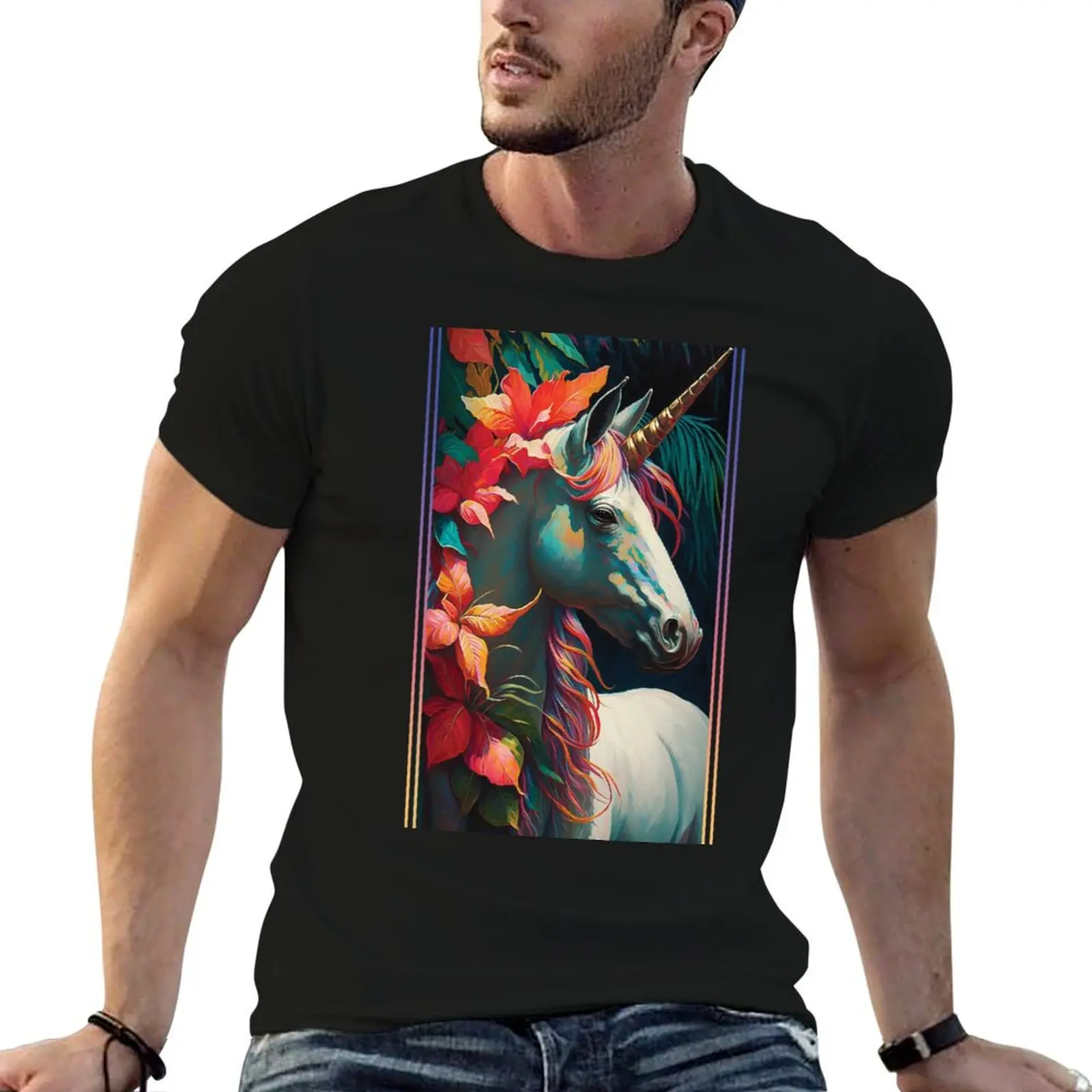 Unicorn Vibrant Tropical Flower Tall Digital Oil Painting Portrait T-Shirt Minimal Art Print T-Shirt